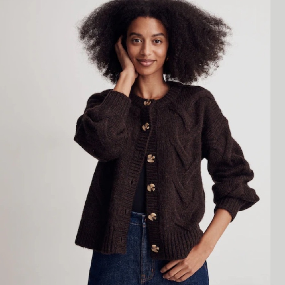 Madewell Cable Ashmont cardigan sweater in rich dark brown wool blend. Small